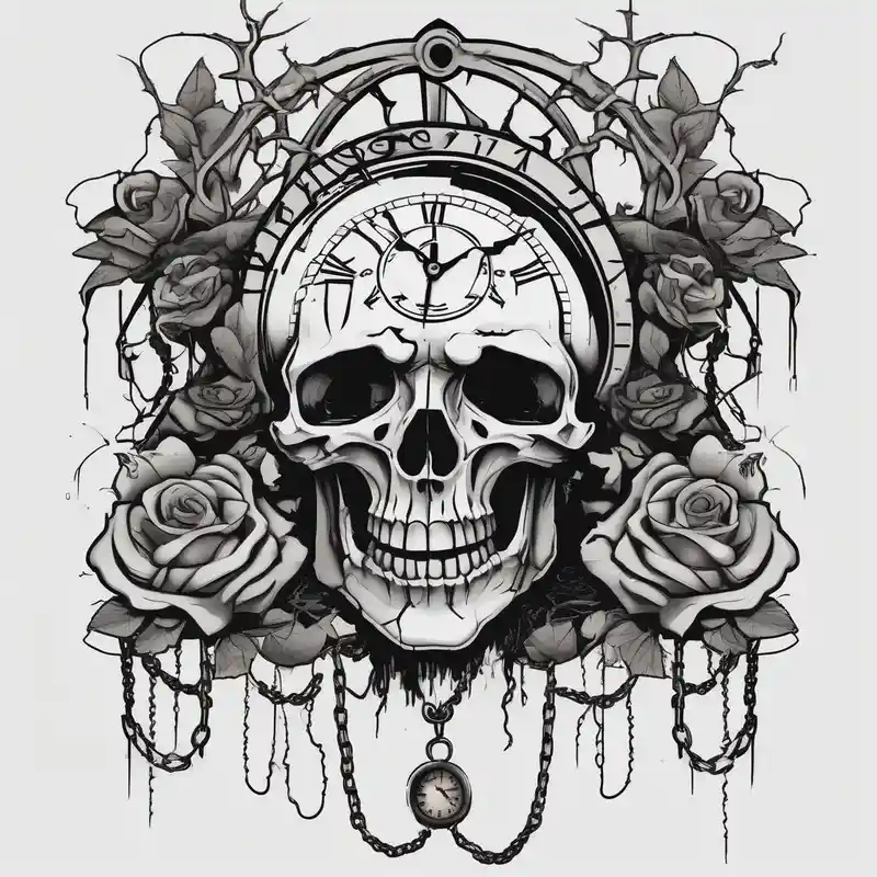 tattoo fool sleeve, tree roots break out of the chains, broken mask, clock with flying numbers, girl, skull, roses english – Caricatura, Blanco y negro